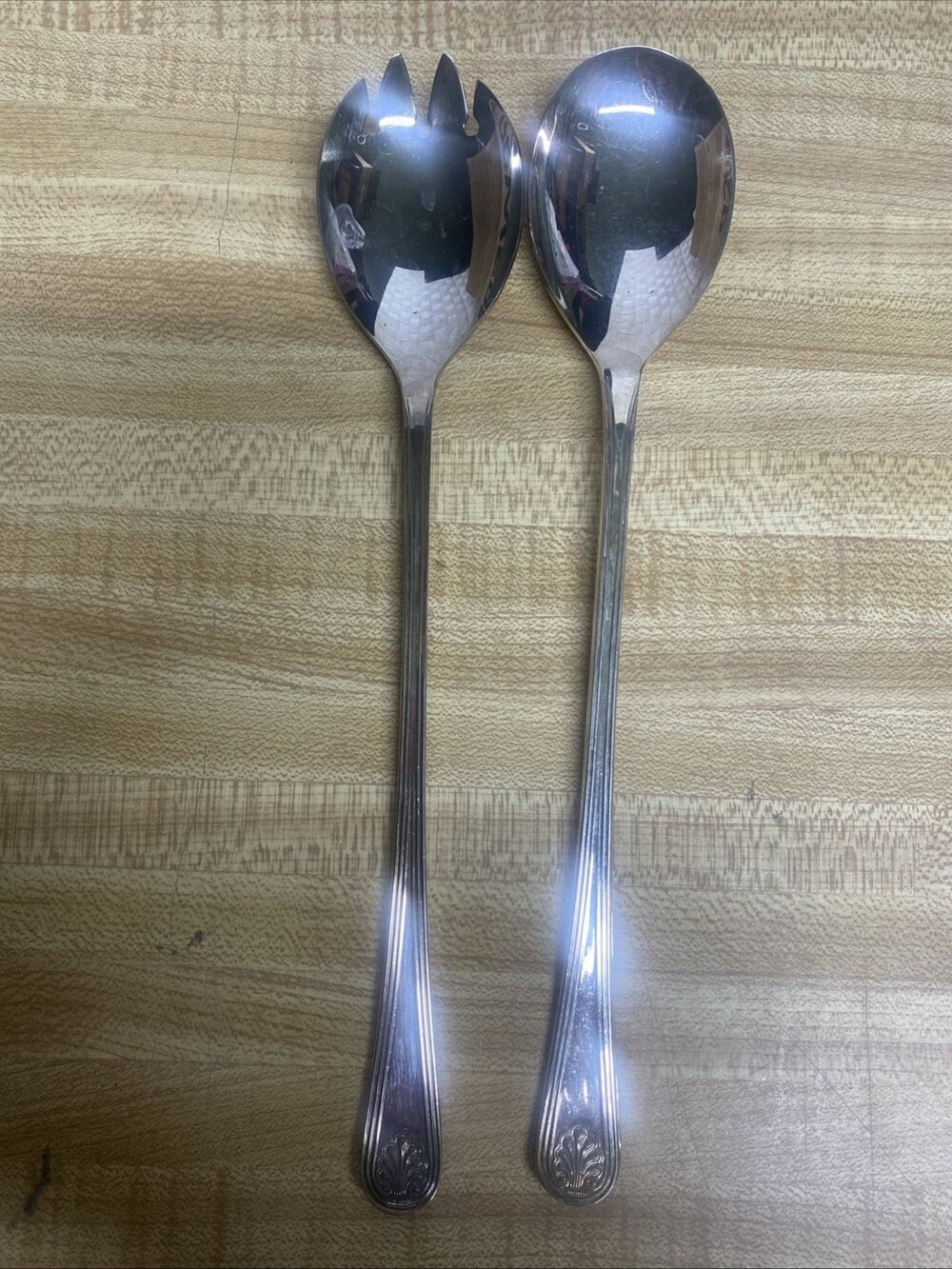 Sheffield England Vintage SILVER PLATED Salad Serving Spoon Fork Set ~ 9 1/2"
